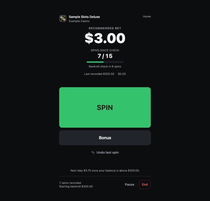 The Lockbox active session screen on a phone, showing a recommended bet of $3.00, a counter reading 7 of 15 spins since the last check, the note 'Bankroll check in 8 spins', and a large SPIN button.